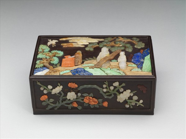 百寶嵌庭園人物紋木盒