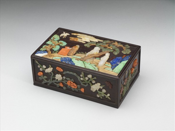 百寶嵌庭園人物紋木盒