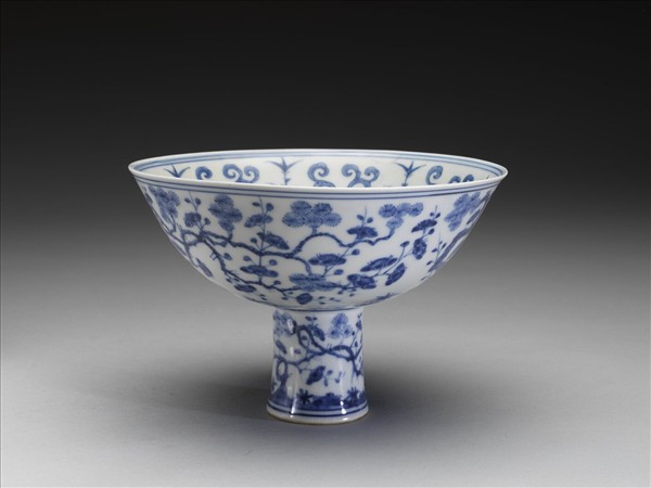 青花三友圖高足碗