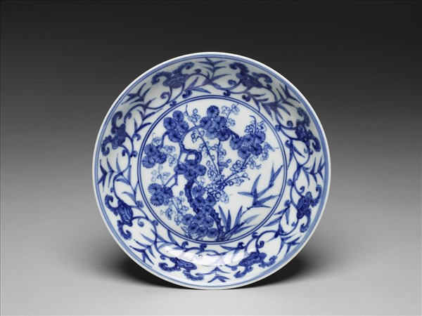 青花竹芝三友圖盤