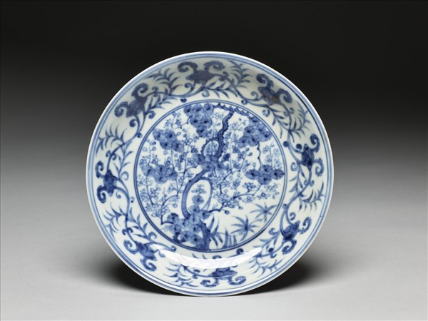 青花竹芝三友盤