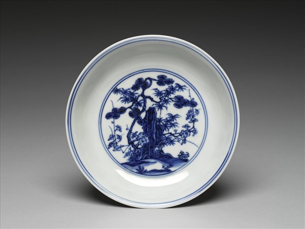 青花歲寒三友仕女圖盤