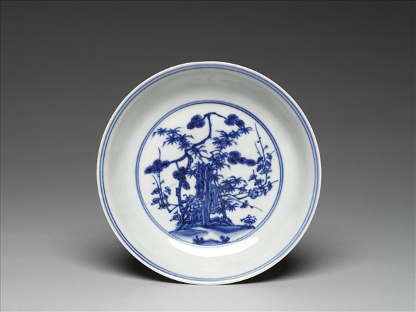 青花歲寒三友仕女圖盤