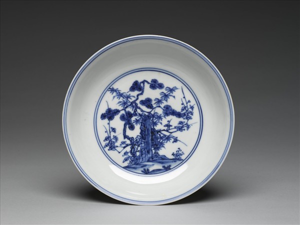 青花歲寒三友仕女圖盤