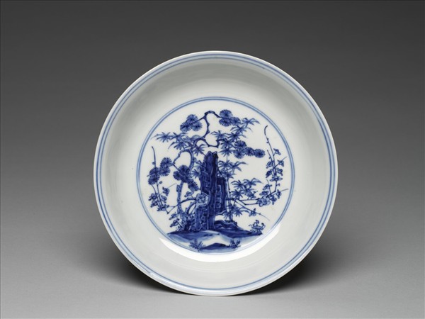 青花歲寒三友仕女圖盤