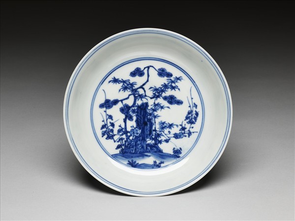 青花歲寒三友仕女圖盤