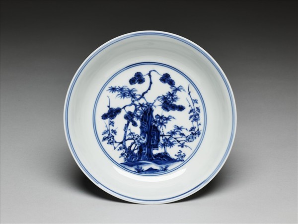 青花歲寒三友仕女圖盤