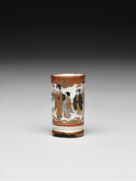 日本 九谷燒 五彩人物花卉紋筒