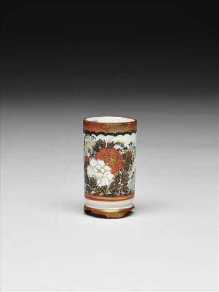 日本 九谷燒 五彩人物花卉紋筒
