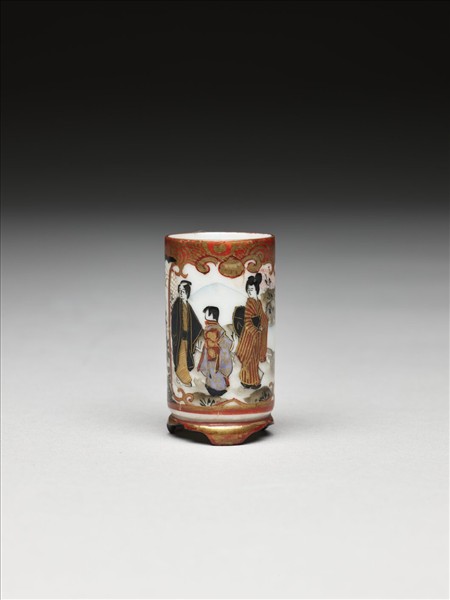 日本 九谷燒 五彩人物花卉紋筒