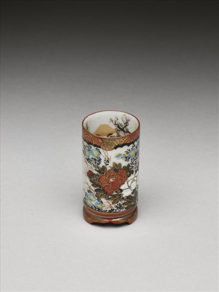 日本 九谷燒 五彩人物花卉紋筒