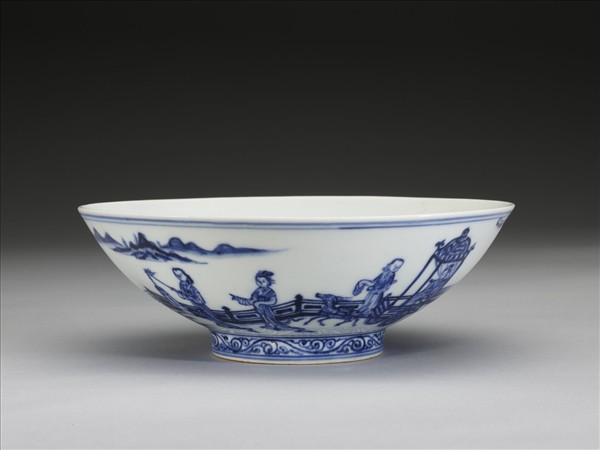 青花三友仕女夜遊圖碗