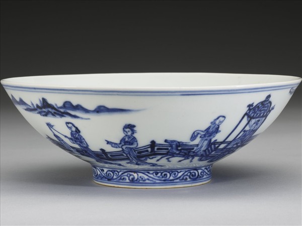 青花三友仕女夜遊圖碗