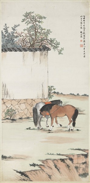 清趙叔孺庭前雙駿　單片