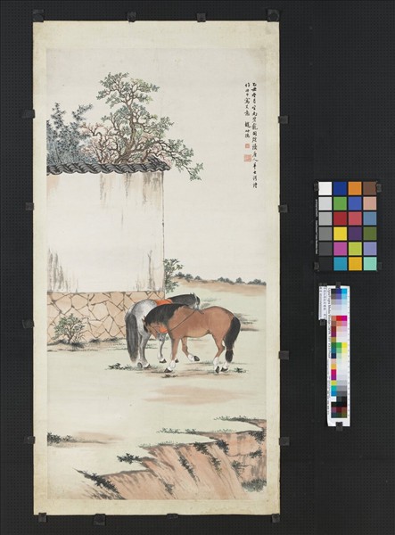 清趙叔孺庭前雙駿　單片