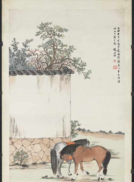 清趙叔孺庭前雙駿　單片