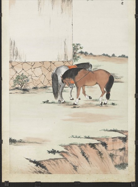 清趙叔孺庭前雙駿　單片