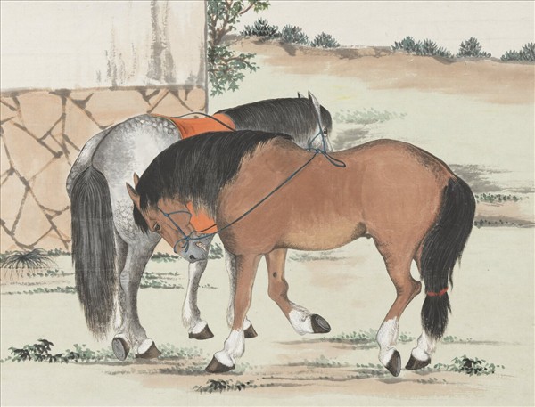 清趙叔孺庭前雙駿　單片