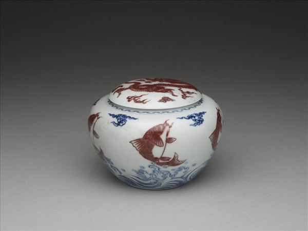 青花釉裡紅魚龍紋蓋罐