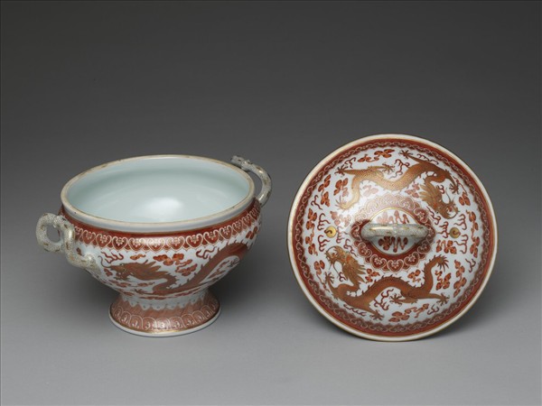 紅彩描金雙龍戲珠紋蓋罐