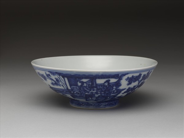 青花山水仕女圖碗