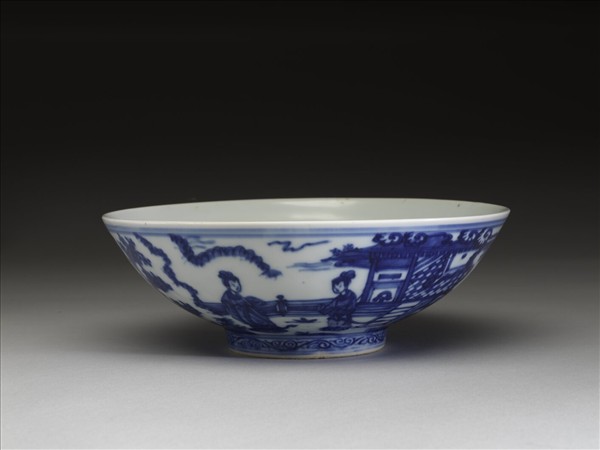 青花山水仕女圖碗