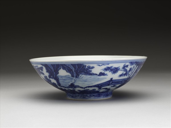 青花山水仕女圖碗