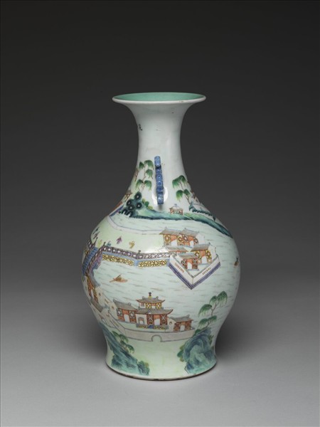 粉彩山水樓閣圖雙耳瓶