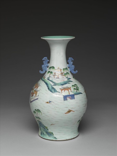 粉彩山水樓閣圖雙耳瓶