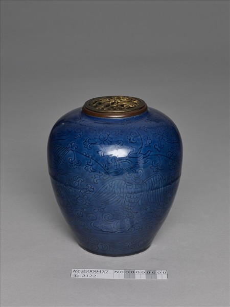 藍釉鳳凰仙鶴紋罐