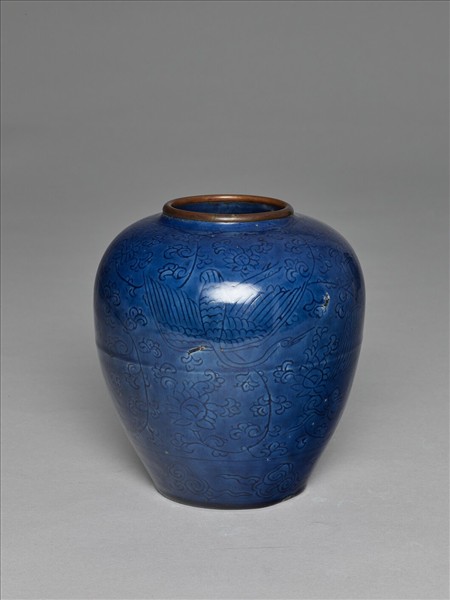 藍釉鳳凰仙鶴紋罐
