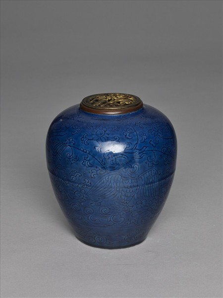 藍釉鳳凰仙鶴紋罐