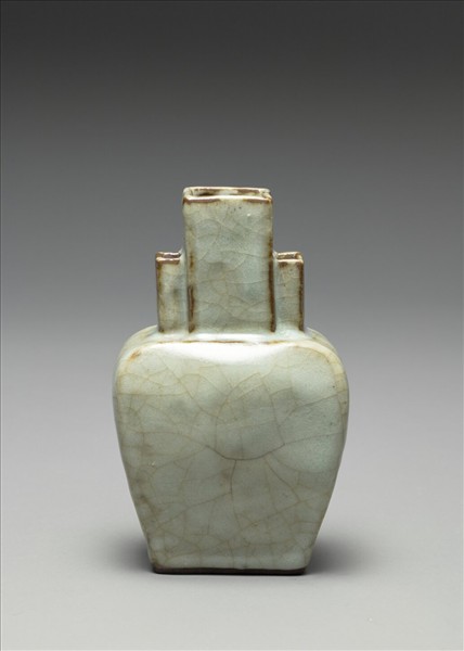 仿官釉青瓷三管扁壺