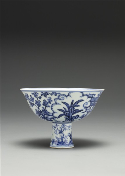 青花〈海棠〉詩意圖高足碗