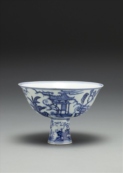 青花〈海棠〉詩意圖高足碗