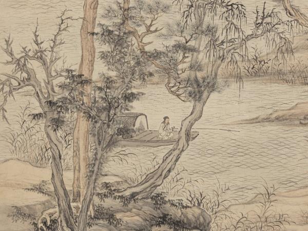 明王紱秋江泛艇　軸