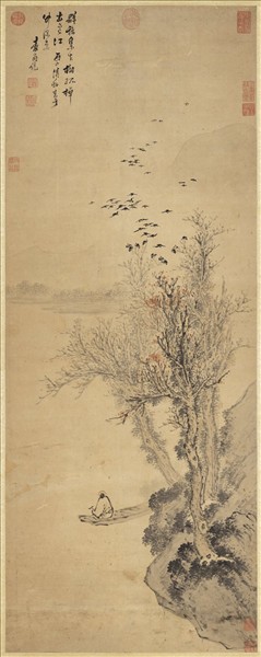 明袁尚統寒江放棹　軸