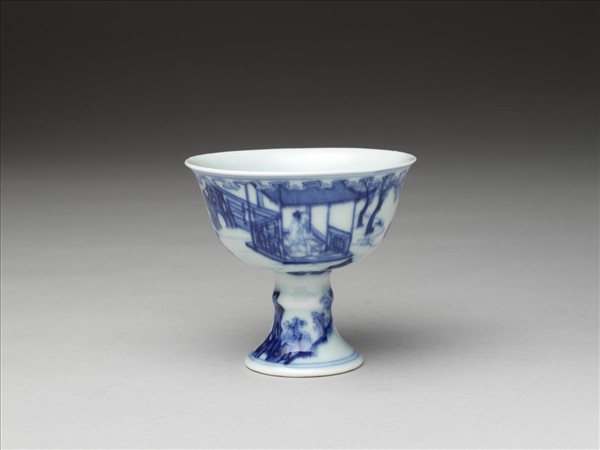 青花人物梵文高足杯