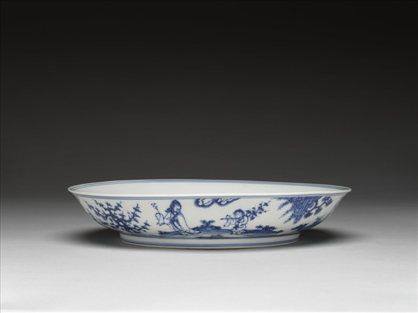 青花山水人物圖盤