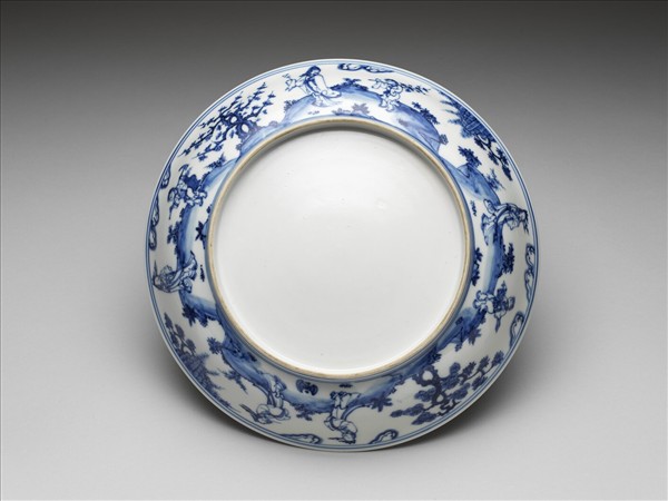 青花山水人物圖盤