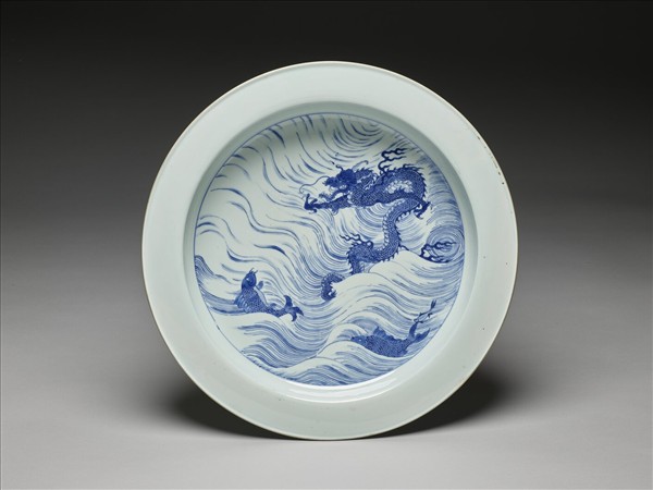 青花魚龍紋折沿洗