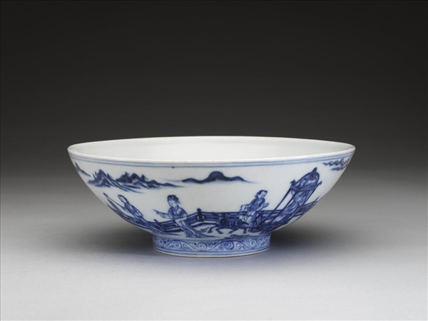 青花山水仕女圖碗