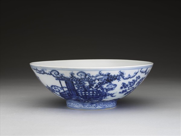 青花山水仕女圖碗