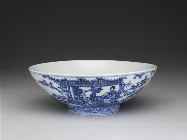 青花山水仕女圖碗