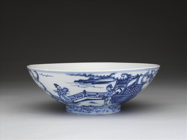 青花山水仕女圖碗