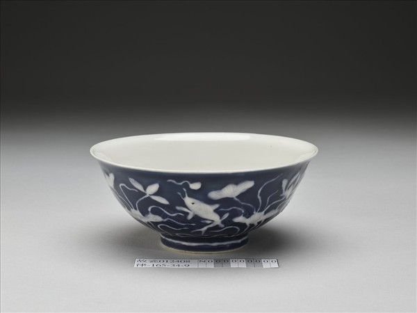 藍地堆白蓮塘游魚紋碗