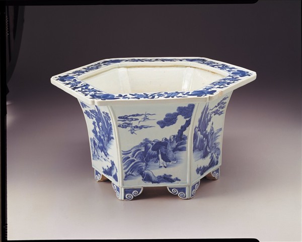 青花人物圖六方花盆