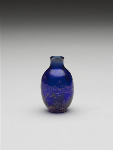 藍色玻璃描金山水鼻煙壺