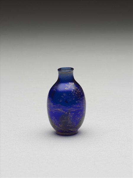 藍色玻璃描金山水鼻煙壺