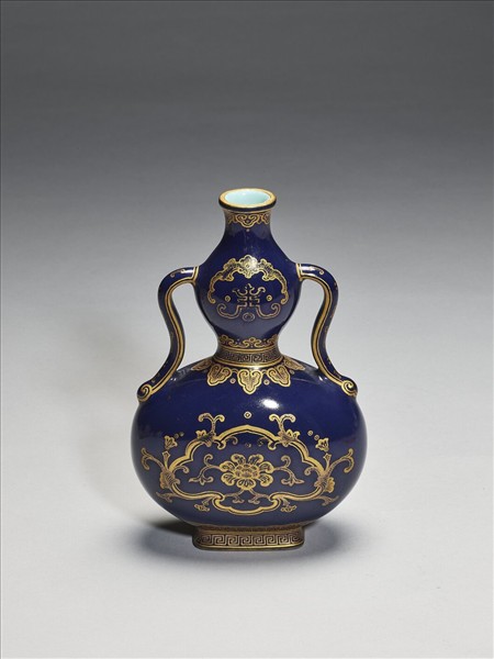 霽青釉描金花卉紋葫蘆扁瓶